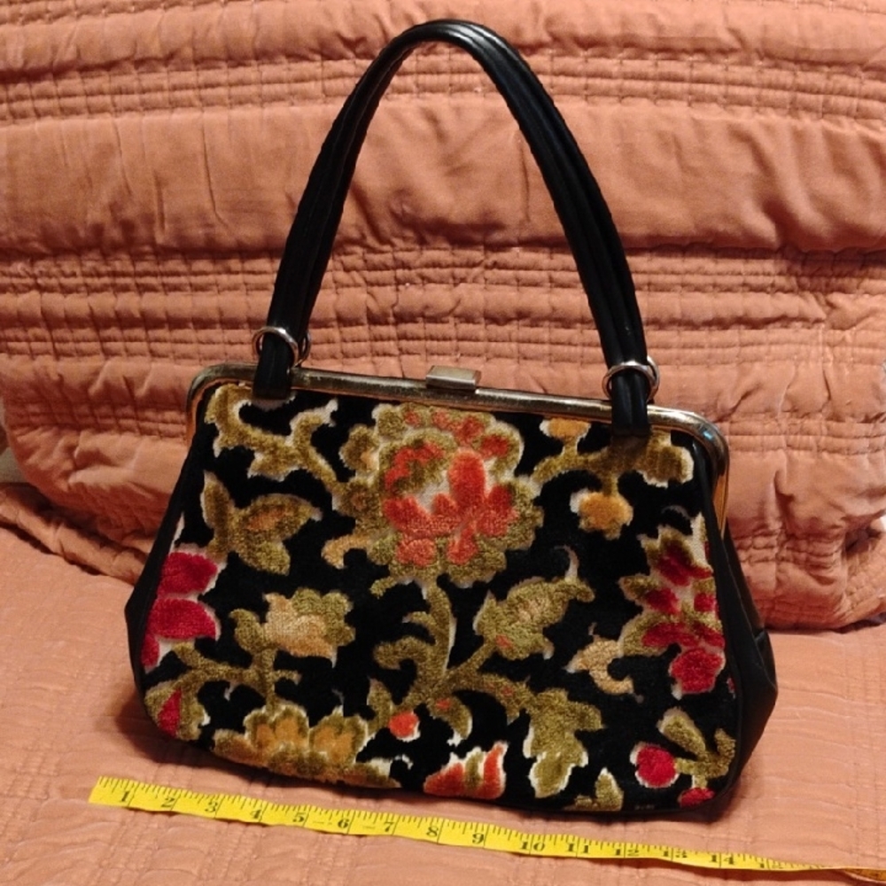 Floral Velvet Handbag - Black and Multicolor